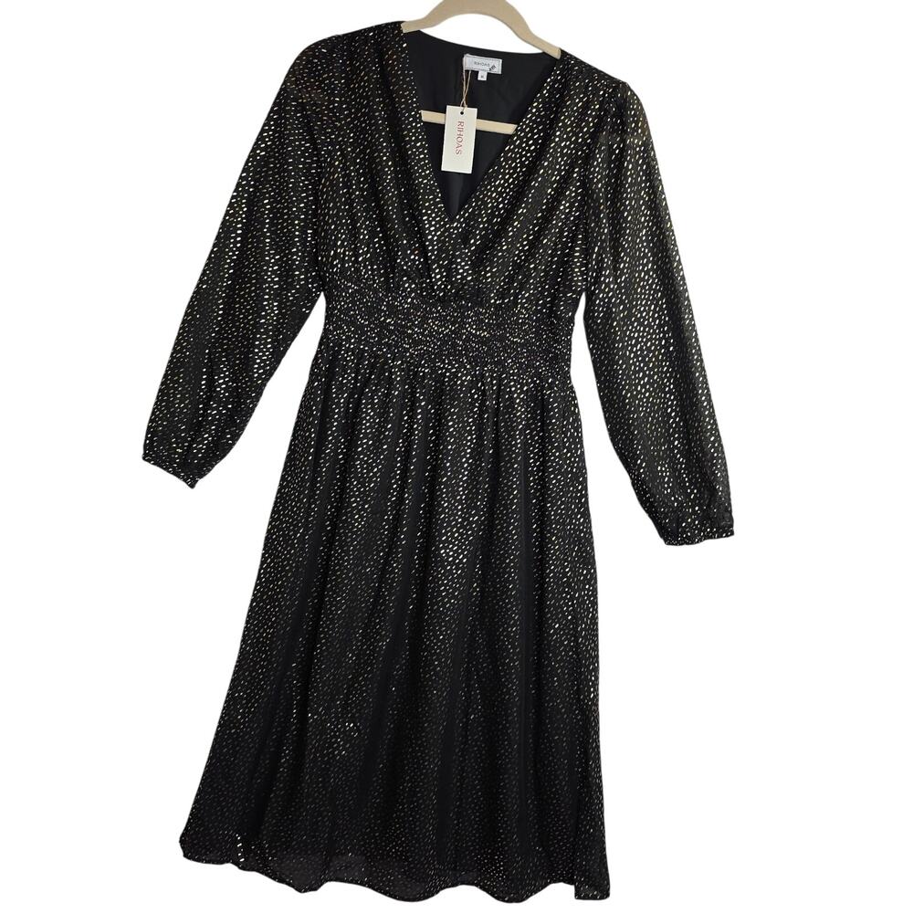 RIHOAS Black Gold‎ Metallic Long Sleeve V Neck Midi Dress XL